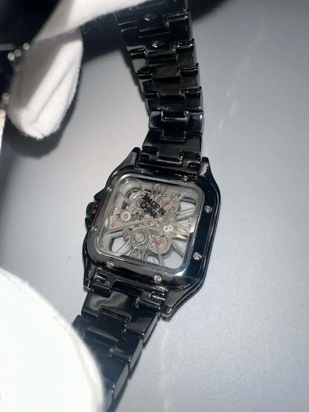 Techno Pave Men's Fully Iced Out Square Skeleton Watch Gun Black